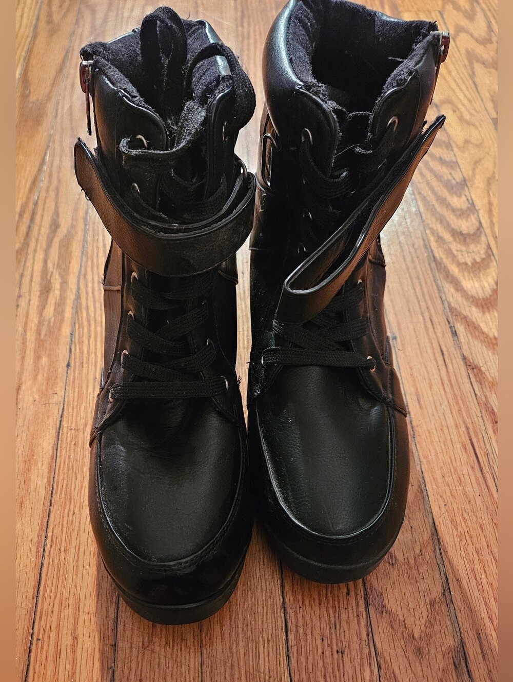 Black High-Top Lace-Up Boots with Strap Inside 2in Wedge